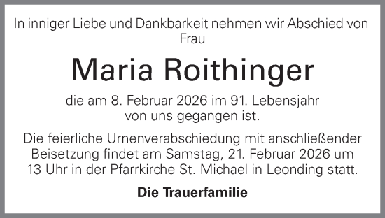 Traueranzeige von Maria Roithinger von OÖNachrichten