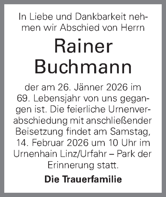 Traueranzeige von Rainer Buchmann von OÖNachrichten