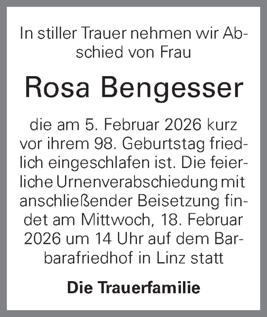 Traueranzeige von Rosa Bengesser von OÖNachrichten