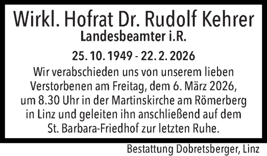 Traueranzeige von Rudolf Kehrer von OÖNachrichten