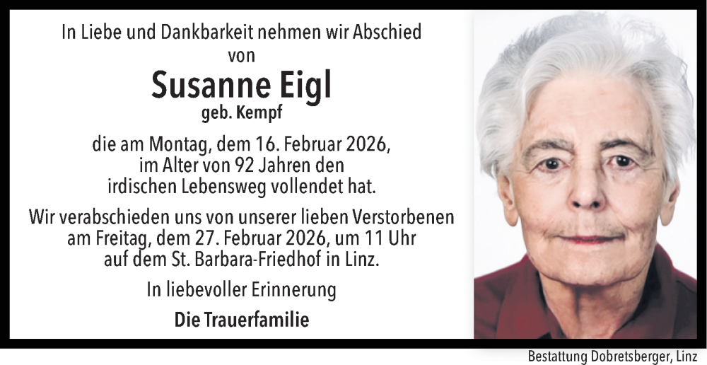  Traueranzeige für Susanne Eigl vom 23.02.2026 aus OÖNachrichten
