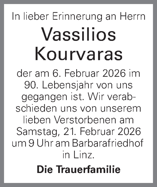 Traueranzeige von Vassilios Kourvaras von OÖNachrichten