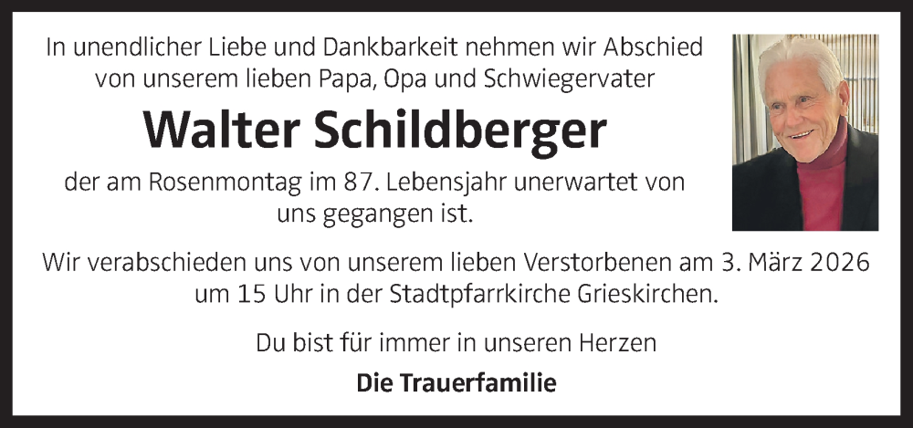  Traueranzeige für Walter Schildberger vom 25.02.2026 aus OÖNachrichten