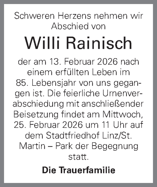 Traueranzeige von Willi Rainisch von OÖNachrichten
