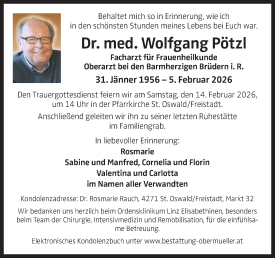 Traueranzeige von Wolfgang Pötzl von OÖNachrichten