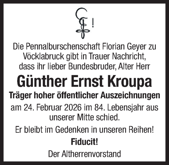 Traueranzeige von Günther Ernst Kroupa von OÖNachrichten