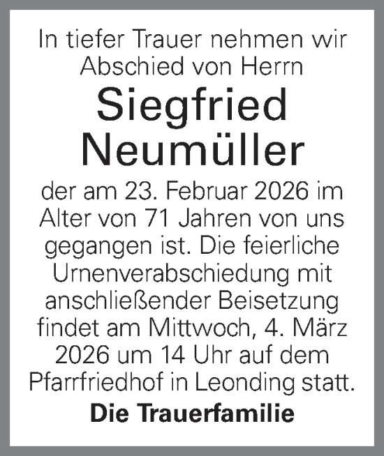Traueranzeige von Siegfried Neumüller von OÖNachrichten